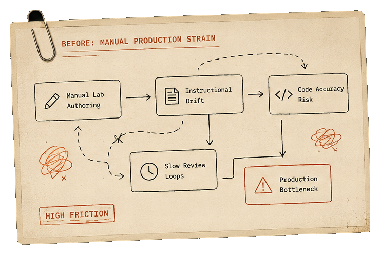 Diagram showing manual lab production strain before AI-assisted workflow