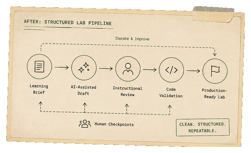 Diagram showing structured AI-assisted lab pipeline from brief to publication
