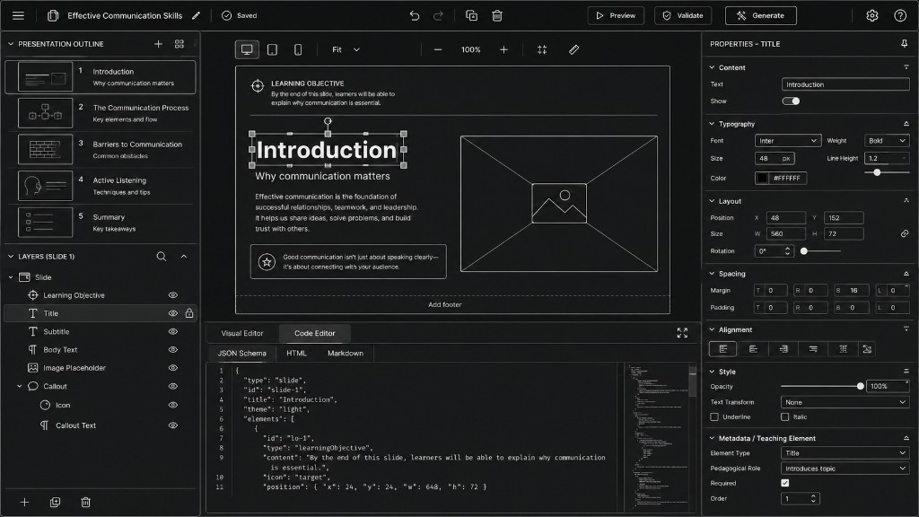 Sanitized editor concept wireframe with visual and JSON views of the same slide
