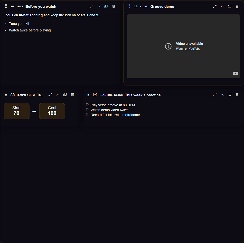 Bento grid layout showing flexible block-based lesson structure