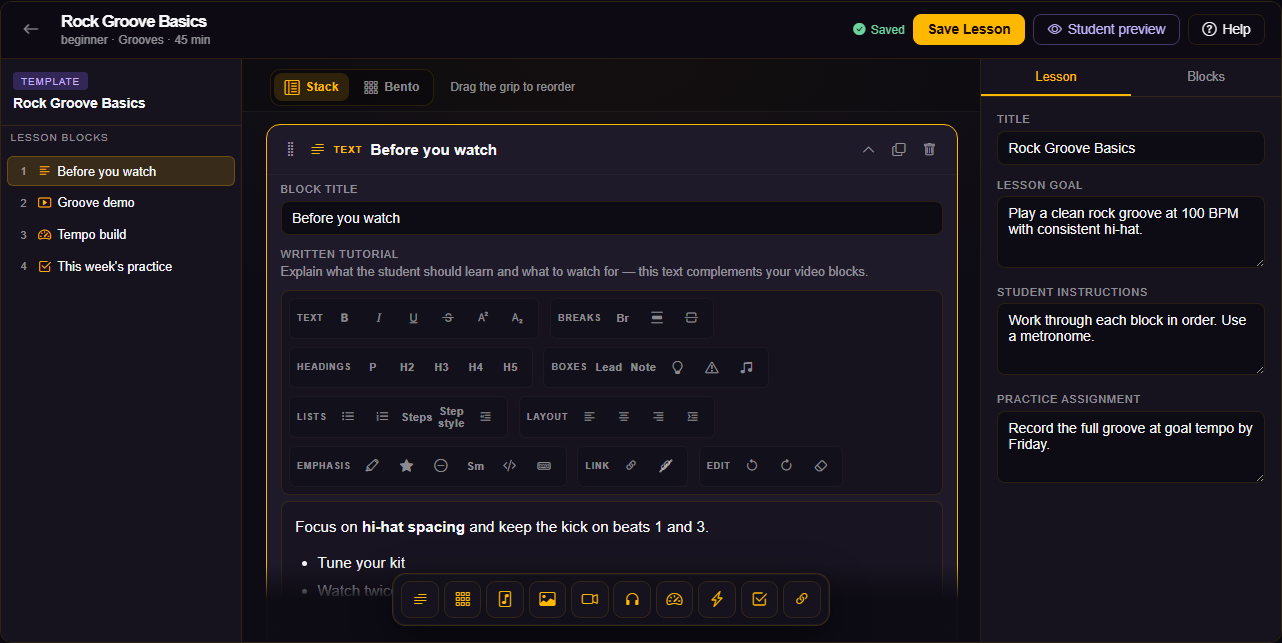 Play It Pro lesson builder with block-based content tools