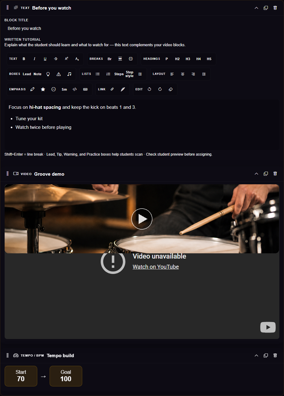 Stack layout lesson canvas with text, video, tempo, and checklist blocks