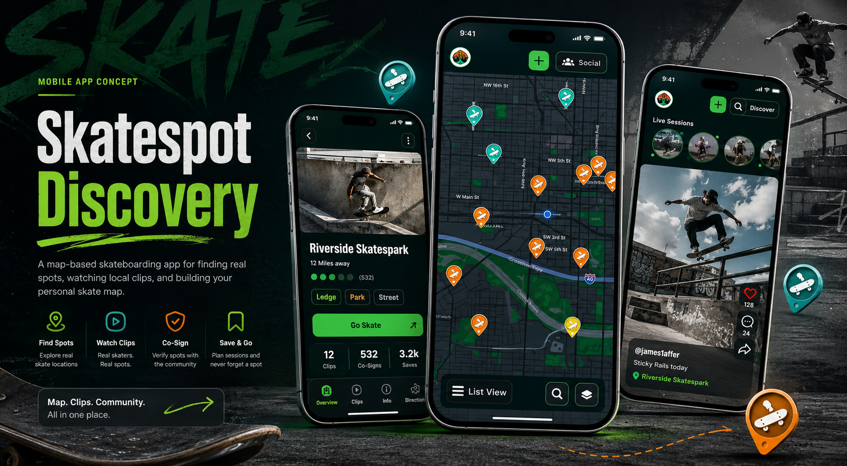 Skatespot Discovery promo showing map view, Riverside Skatespot detail page, and clip feed tied to a location