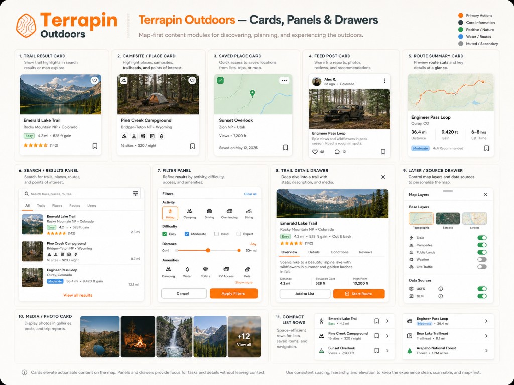 Terrapin Outdoors map content modules and card patterns