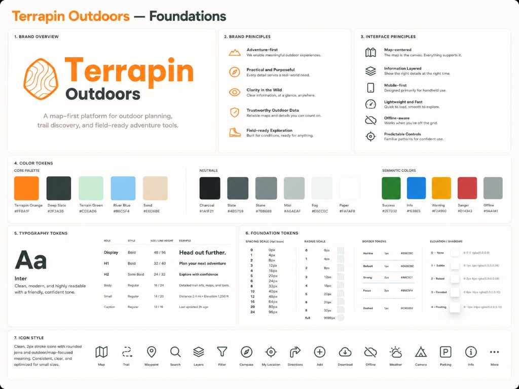 Terrapin Outdoors foundations — color tokens, typography, spacing, radius, borders, elevation, and icon style