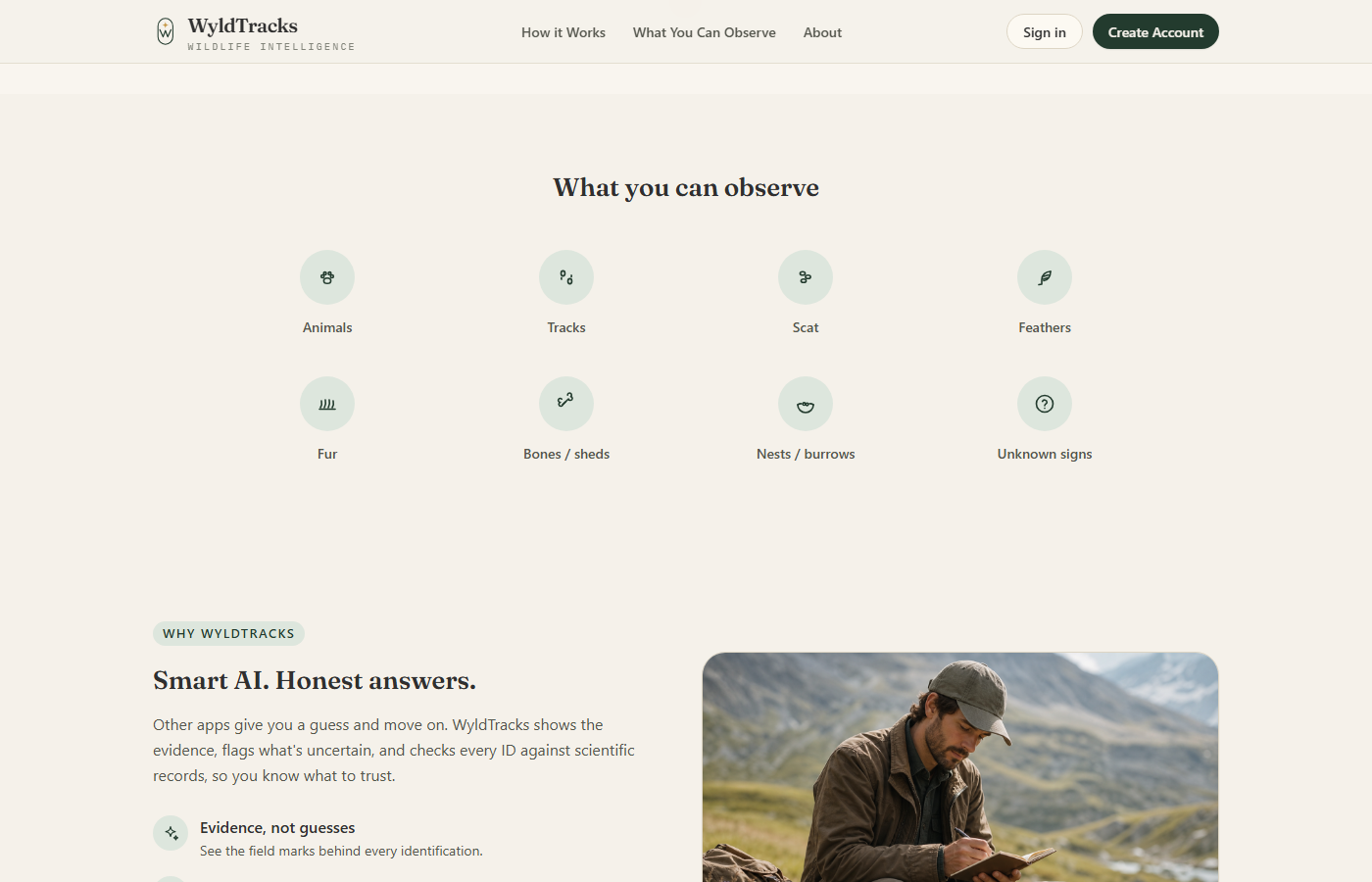 WyldTracks observable types section for animals and signs